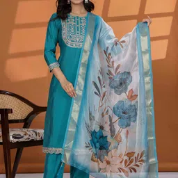 DIZON Floral Yoke Design Sequinned Round Neck Straight Kurta With Trousers & Dupatta-picture-11