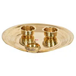 Exotic India Brass Pooja Thali With Attached Diya & Bowl-image-15