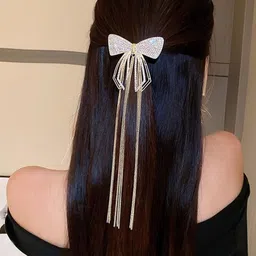 DIVASTRI Women Gold-Toned Crystal Bow Hair Clip with Long Tassel Chains-picture-22