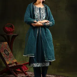 KALINI Women Embroidered Regular Thread Work Chanderi Cotton Kurta with Trousers & With Dupatta-picture-8