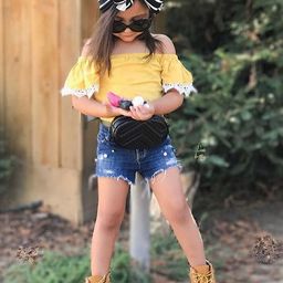 LULU & SKY Girls Off-shoulder Pure Cotton Top With Denim Shorts-picture-8