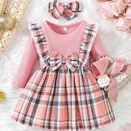 YK Girls Checked Fit and Flare Knee Length Dress With Handbag-image-35