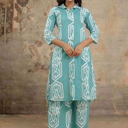 FERANOID Printed Pure Cotton Shirt Collar A-Line Tunic With Trousers Co-Ords-image-25