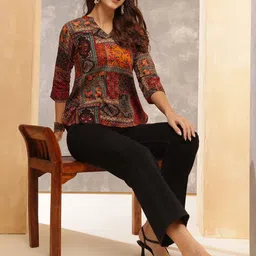 Anouk Rustic Print Mandarin Collar Top-58