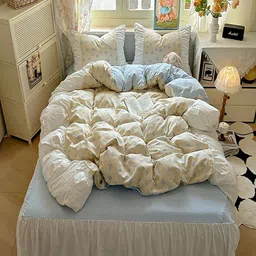 JC HOME Blue & Cream-Coloured Floral 4 Piece Double Queen Regular Bedding Set-picture-32