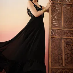 Sangria Sequence Embroidered Flared Maxi Ethnic Dresses image 3