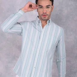 Crimsoune Club Men Smart Button-Down Collar Vertical Striped Cotton Slim Fit Casual Shirt-image-46