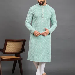 House of Pataudi Men Geometric Sequin Embroidered Mandarin Collar Straight Kurta-image-52