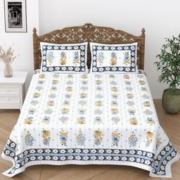 Desi Mantra Blue & White Floral 120 TC Queen Bedsheet with 2 Pillow Covers-image-40