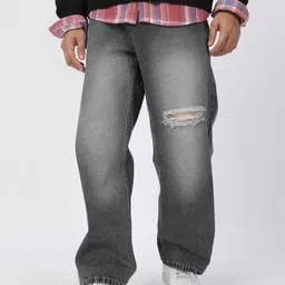 Urbano Fashion Men Pure Cotton Loose Relaxed Fit Slash Knee Heavy Fade Jeans-image-97