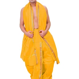 Exotic India Men Art Silk Woven Golden Border Ready to Wear Dhoti and Angavastram Set-27
