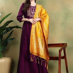 Aumira Women Ethnic Motifs Embroidered Regular Kurta with Palazzos & Dupatta-image-17