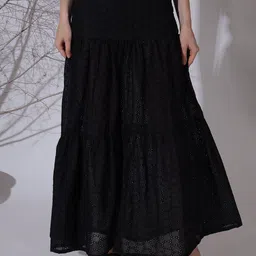 NEUDIS Self Design Flared Maxi Skirts N24WSKT-3627BK-Black-image-7