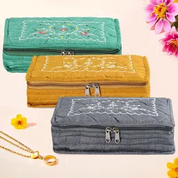 Kuber Industries Grey & Yellow 3 Pieces Floral Embroidered Jewellery Organisers-11