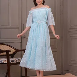 BAESD Women Self Design Off-Shoulder Puff Sleeve Fit & Flare Midi Dress-picture-13
