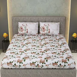 Myntra Elegant Homes White & Brown Floral 210 TC Bedsheet with 2 Pillow Covers-image-72