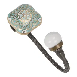 IndianShelf Sea-Green and White Floral Printed Ceramic Wall Hook-3