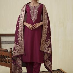 AUTUMN LANE Floral Embroidered Straight Kurta With Trouser & Dupatta-image-9