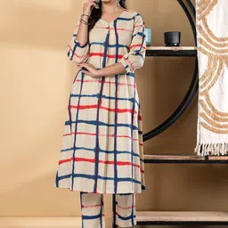 Readiprint Geometric Printed Pleated V Neck A Line Pure Cotton Kurta With Palazzos-37