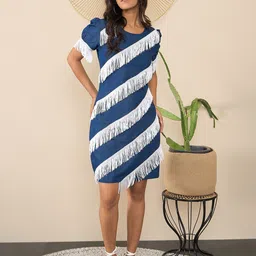 StyleStone Women Solid Cotton Fringed Denim Fit & Flare Dress-picture-10