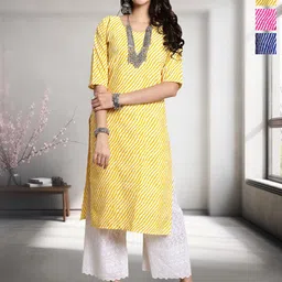 HERE&NOW Selection Of 3 Leheriya Printed Round Neck Straight Kurtas-image-84