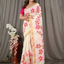 PuJoy Floral Zari Pure Cotton Taant Saree-43