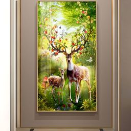 THE NEXT DECOR Green & Red Majestic Deer Glass Finish Vertical Wall Art-picture-4