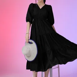Raiyani Enterprise Women V-Neck Fit & Flare Tiered Puff Sleeves Midi Dress-picture-16