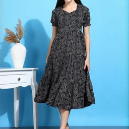 Moda Rapido Women Black Printed Polyester PU Coated Fit and Flare Dresses-picture-8
