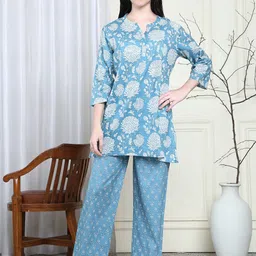 Kanvin Women Floral Printed Pure Cotton Mandarin Collar Night suit-picture-26