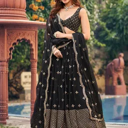 NEEL ART Embroidered Sequinned Semi-Stitched Lehenga & Unstitched Blouse With Dupatta-picture-3