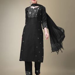 KAYOMMI Floral Embroidered Regular Straight Kurta with Trousers & Dupatta-image-94