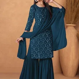 PARROT CREATION Geometric Embroidered Sequinned Kurta with Sharara And Dupatta-image-5