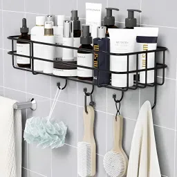 Steel Kitchen & Bathroom Shelf for Wall with 4 Hooks Hanger|Black Steel Wall Shelf-image-4
