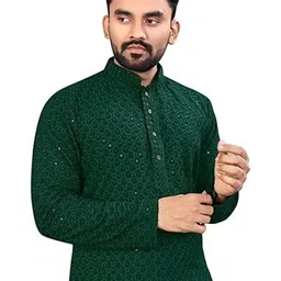 Men Chikan Embroidery Straight Kurta (Dark Green)-image-99
