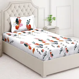Arrabi White & Green Floral 350 TC Single Bedsheet with 1 Pillow Covers-image-75