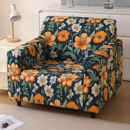 HOKIPO Twilight Garden Teal & Orange Colored Printed Velvet 1 Seater Sofa Cover With Arms-picture-18