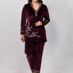EVORA Embroidered Velvet V-Neck Tunic With Trousers-image-58