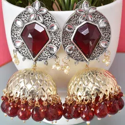 MEIRA JEWELLERY Silver-Plated Stones Studded & Pearls Beaded Dome Jhumkas-picture-48
