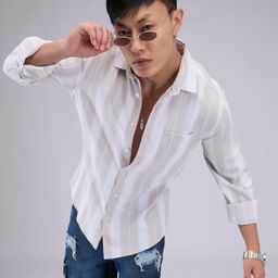VASTRADO Men Classic Cutaway Collar Vertical Striped Cotton Slim Fit Casual Shirt-image-54