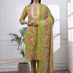 Yufta Women Floral Printed Regular Lace Pure Cotton Kurta Set With Dupatta-picture-8