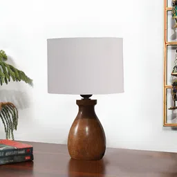 Devansh Grey & Brown Textured Wooden & Cotton Cylindrical Shaped Table Lamp-25