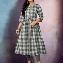 RIAANA Checked Round Neck Pure Cotton Anarkali Kurta-46