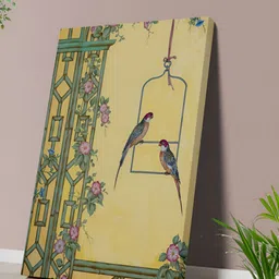 SAF Green & Purple Birds On Perch With Floral Design Canvas Wall Painting-30