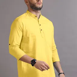 Zombom Men Mandarin Collar Roll-Up Sleeves Straight Kurta-image-27