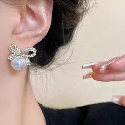 Nitant Bow Style Stones Studded Pearl Korean Fashion Earrings-13