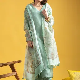 THE52 Floral Embroidered Sequinned Chanderi Silk Straight Kurta With Trousers & Dupatta-16