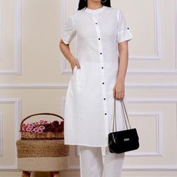 KIAARON Roll-up Sleeves Mandarin Collar Pure Cotton A-Line Kurta With Palazzos-picture-37