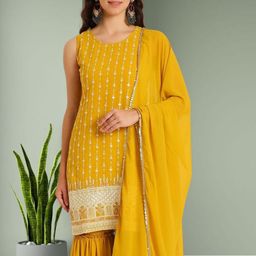 PARROT CREATION Women Geometric Embroidered Regular Sequinned Kurti With Sharara & Dupatta-image-89