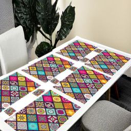 REVEXO 6Pc Pink & Yellow Printed Rectangle Costers & Table Placemats-47